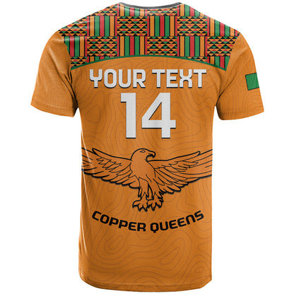 Custom Zambia Football T-Shirt Copper Queens Kente Pattern Graphic Tee