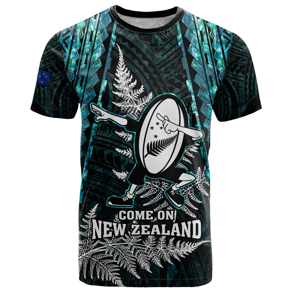 New Zealand Silver Fern Rugby T-Shirt Aotearoa All Black Dabbing Ball With Maori Paua Shell Graphic Tee