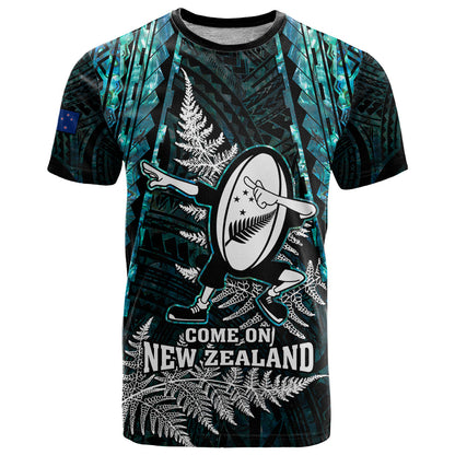 Custom New Zealand Silver Fern Rugby T-Shirt Aotearoa All Black Dabbing Ball With Maori Paua Shell Graphic Tee