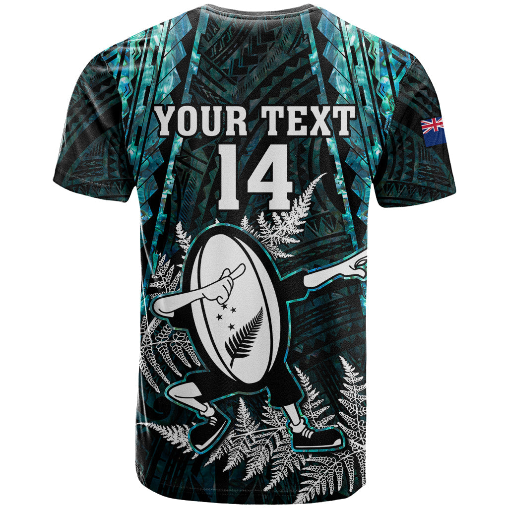 Custom New Zealand Silver Fern Rugby T-Shirt Aotearoa All Black Dabbing Ball With Maori Paua Shell Graphic Tee