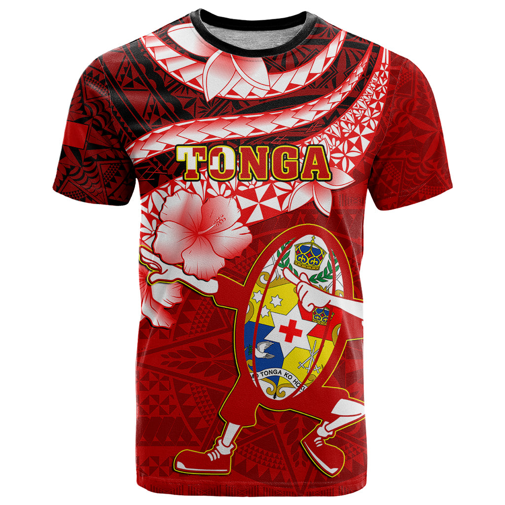 Tonga Rugby T-Shirt Ikale Tahi Tongan Ngatu Pattern With Dabbing Ball Graphic Tee