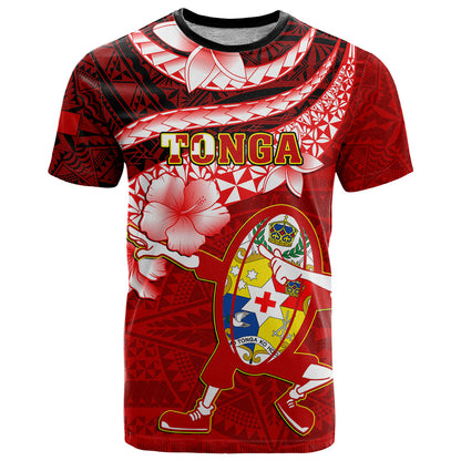 Tonga Rugby T-Shirt Ikale Tahi Tongan Ngatu Pattern With Dabbing Ball Graphic Tee