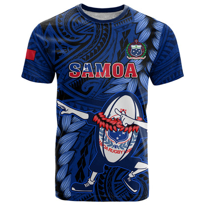 Samoa Rugby T-Shirt Manu Samoa Ula Fala Dabbing Ball Polynesian Blue Version Graphic Tee