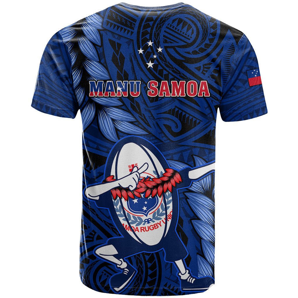 Samoa Rugby T-Shirt Manu Samoa Ula Fala Dabbing Ball Polynesian Blue Version Graphic Tee