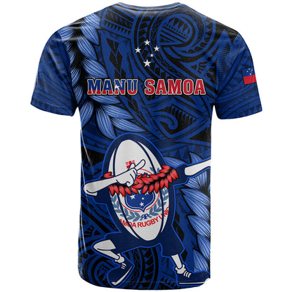 Samoa Rugby T-Shirt Manu Samoa Ula Fala Dabbing Ball Polynesian Blue Version Graphic Tee
