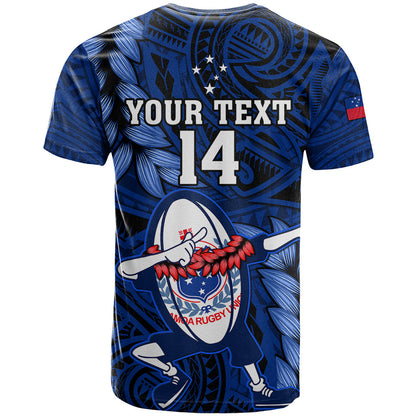 Custom Samoa Rugby T-Shirt Manu Samoa Ula Fala Dabbing Ball Polynesian Blue Version Graphic Tee
