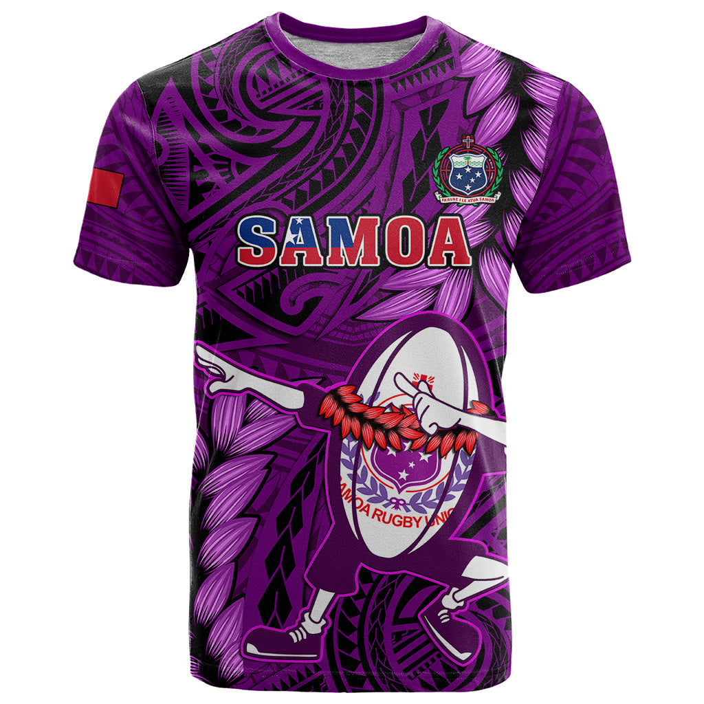 Samoa Rugby T-Shirt Manu Samoa Ula Fala Dabbing Ball Polynesian Purple Version Graphic Tee