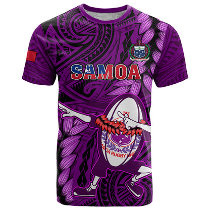 Samoa Rugby T-Shirt Manu Samoa Ula Fala Dabbing Ball Polynesian Purple Version Graphic Tee