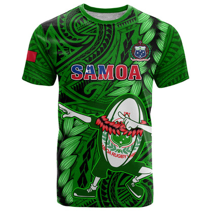 Samoa Rugby T-Shirt Manu Samoa Ula Fala Dabbing Ball Polynesian Green Version Graphic Tee