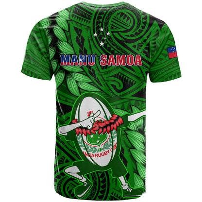 Samoa Rugby T-Shirt Manu Samoa Ula Fala Dabbing Ball Polynesian Green Version Graphic Tee