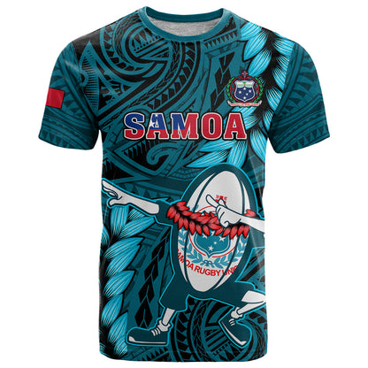 Samoa Rugby T-Shirt Manu Samoa Ula Fala Dabbing Ball Polynesian Turquoise Version Graphic Tee