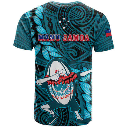 Samoa Rugby T-Shirt Manu Samoa Ula Fala Dabbing Ball Polynesian Turquoise Version Graphic Tee