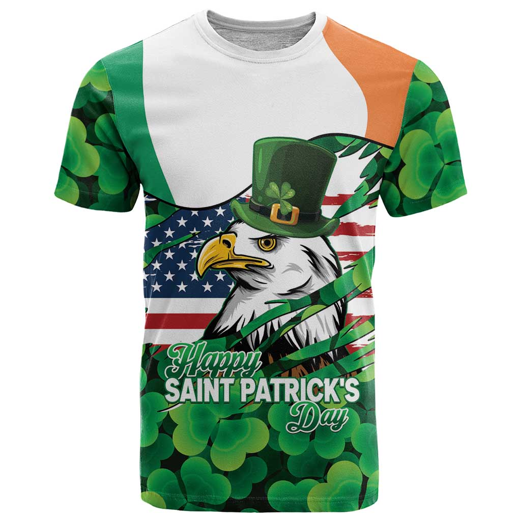Irish American St Patrick's Day T-Shirt USA Eagle Leprechaun Hat Shamrock Pattern Graphic Tee