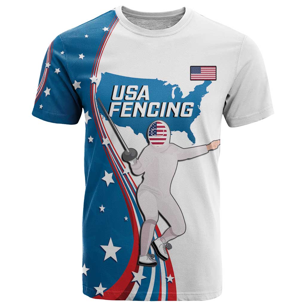 Personalized USA Fencing T-Shirt 2024 United States Flag Curve Style Graphic Tee