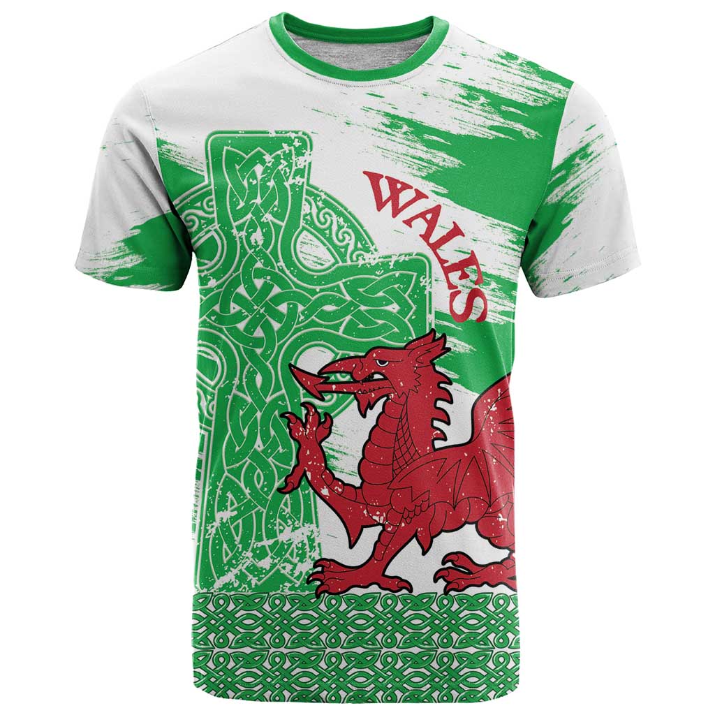 Grunge Green Wales T-Shirt Celtic Cross Welsh Red Dragon Graphic Tee