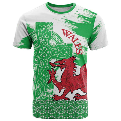 Grunge Green Wales T-Shirt Celtic Cross Welsh Red Dragon Graphic Tee