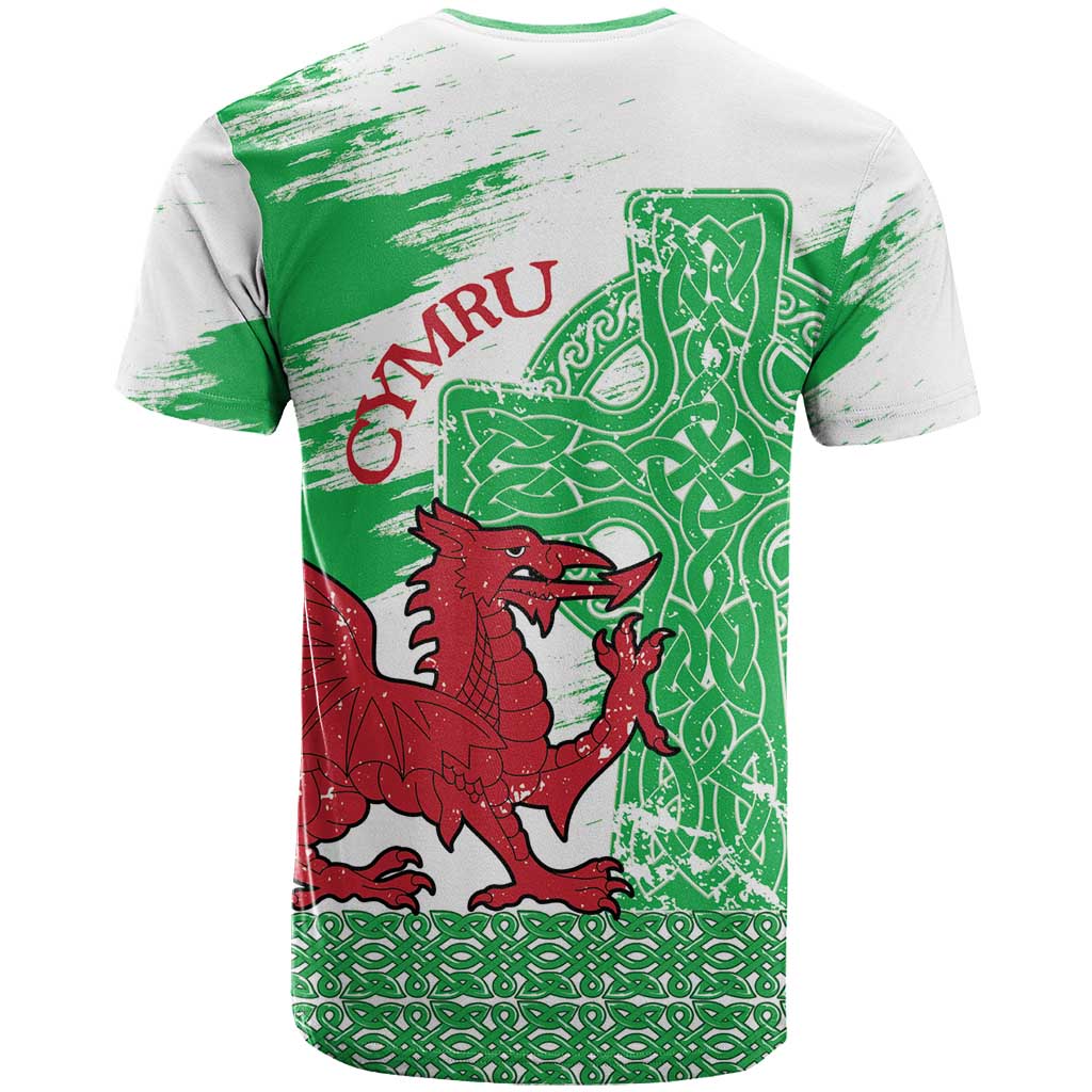 Grunge Green Wales T-Shirt Celtic Cross Welsh Red Dragon Graphic Tee