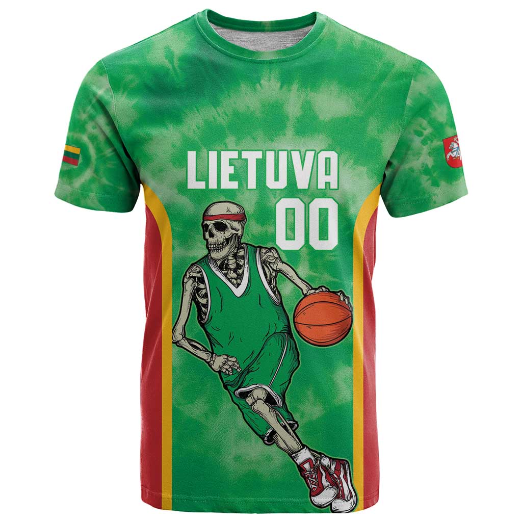 Lithuania Tie Dye Basketball Custom T-Shirt Lietuva Skeleton Green Graphic Tee