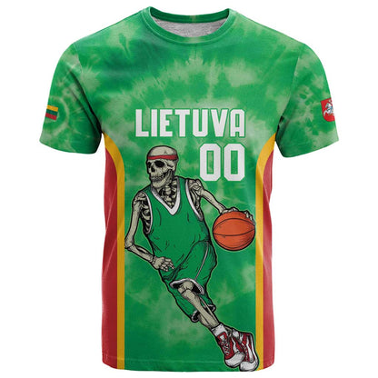 Lithuania Tie Dye Basketball Custom T-Shirt Lietuva Skeleton Green Graphic Tee