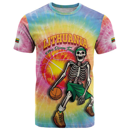 Lithuania Basketball Custom T-Shirt 100th Anniversary Skeleton Colorful Tie Dye Graphic Tee