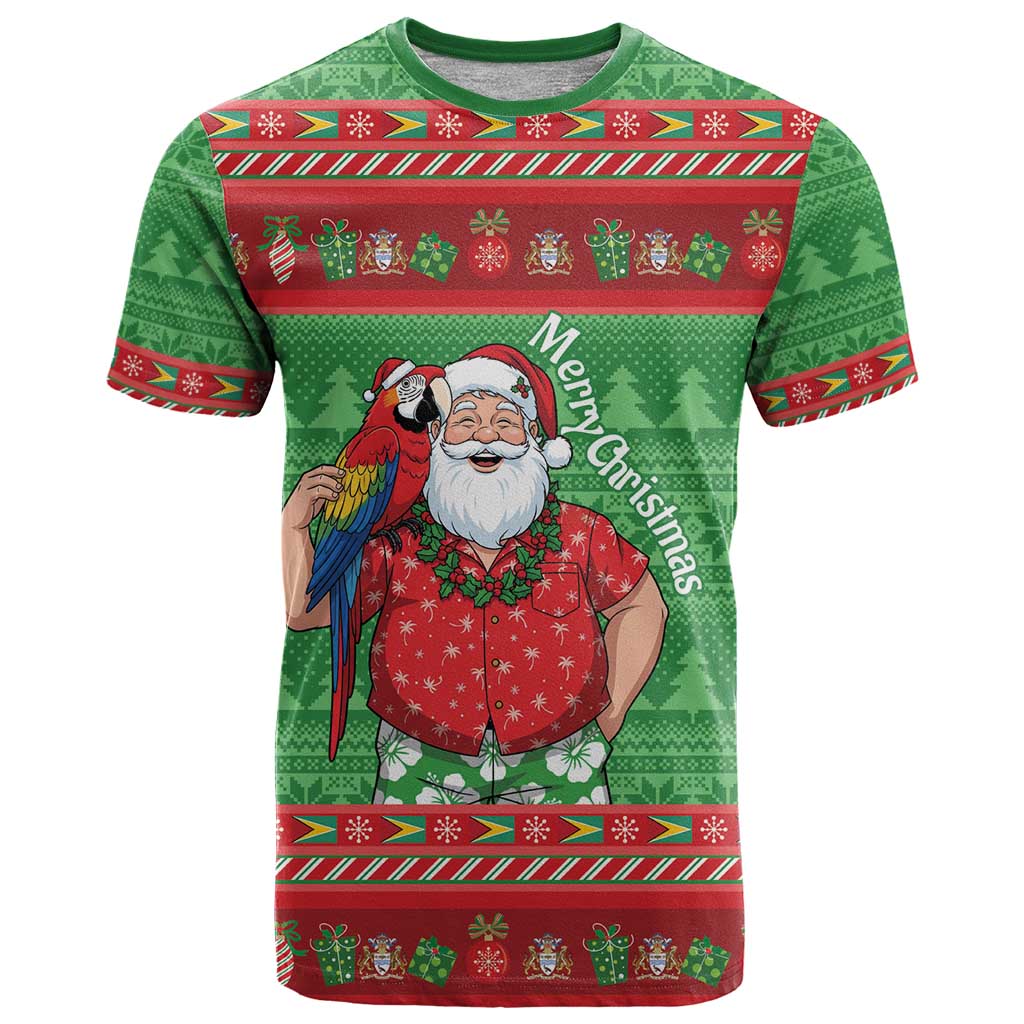 Guyana Christmas T-Shirt Santa With Macaw Parrot Merry Xmas Graphic Tee