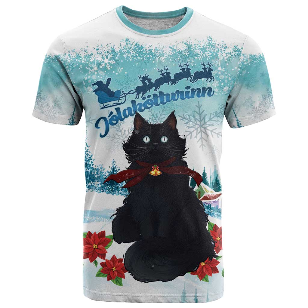 Iceland Yule Cat Christmas T-Shirt Jolakotturinn With Poinsettia - Winter Vibes Graphic Tee