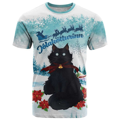 Iceland Yule Cat Christmas T-Shirt Jolakotturinn With Poinsettia - Winter Vibes Graphic Tee