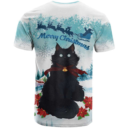 Iceland Yule Cat Christmas T-Shirt Jolakotturinn With Poinsettia - Winter Vibes Graphic Tee