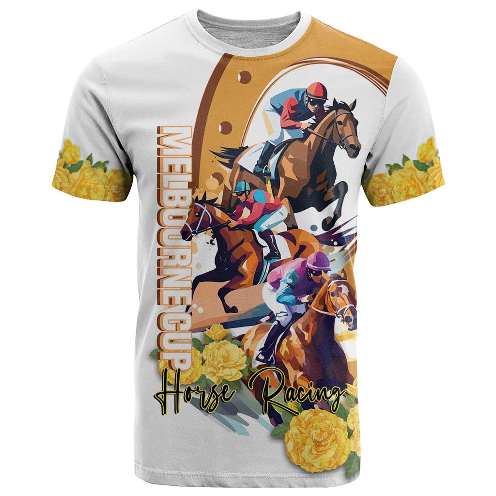 Melbourne Cup Australia T-Shirt Horse Racing Horseshoe Mix Yellow Roses Graphic Tee