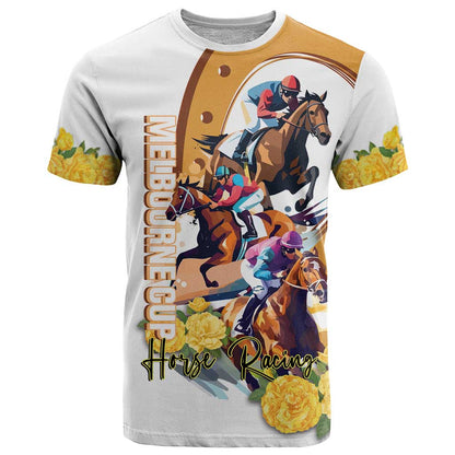 Melbourne Cup Australia T-Shirt Horse Racing Horseshoe Mix Yellow Roses Graphic Tee