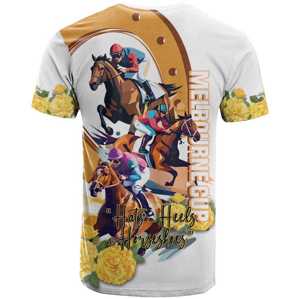Melbourne Cup Australia T-Shirt Horse Racing Horseshoe Mix Yellow Roses Graphic Tee