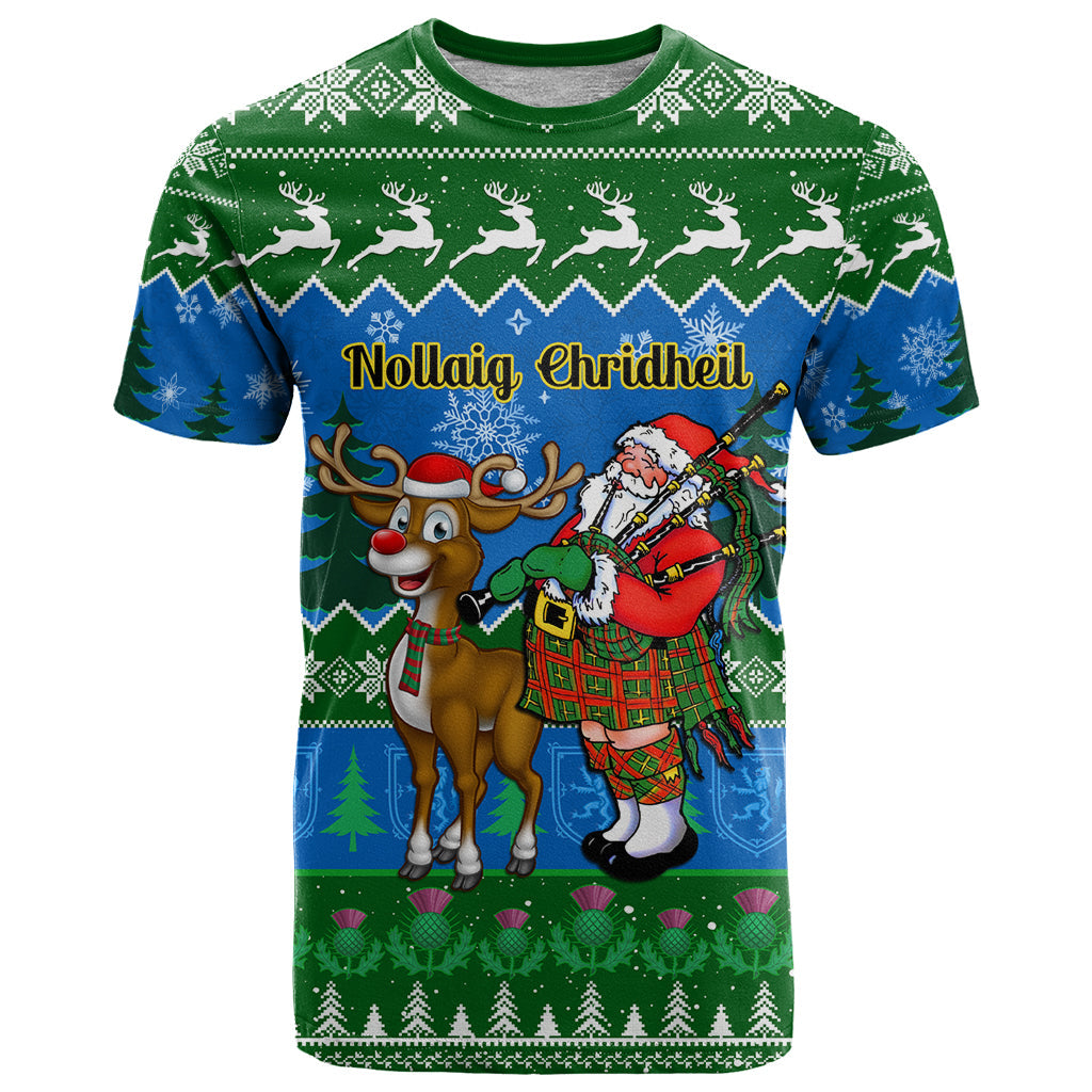 Personalised Scotland Christmas T-Shirt Scottish Santa With Reindeer Nollaig Chridheil Graphic Tee