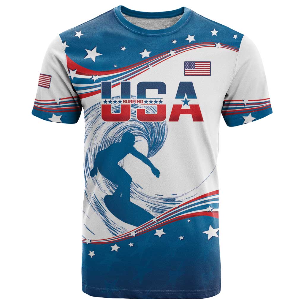 Personalized USA Surfing T-Shirt 2024 United States Flag Curve Style Graphic Tee