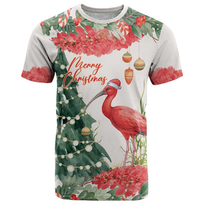 Personalized Trinidad And Tobago Christmas T-Shirt Scarlet Ibis Wild Poinsettia Watercolor Graphic Tee