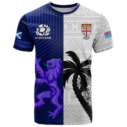 Custom Fiji And Scotland Rugby T-Shirt Fijian Tapa Pattern With Thistle Graphic Tee