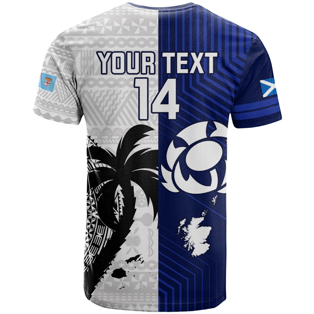 Custom Fiji And Scotland Rugby T-Shirt Fijian Tapa Pattern With Thistle Graphic Tee
