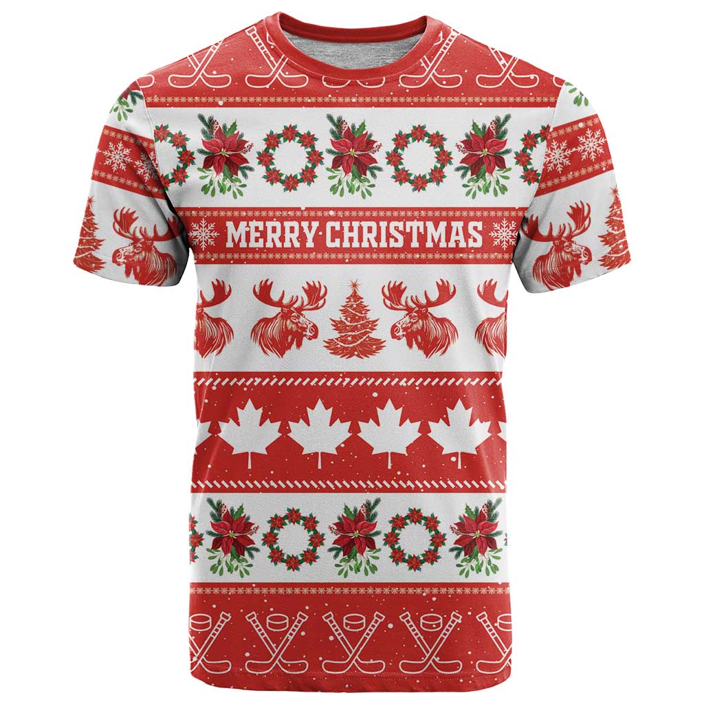 Personalised Canada Christmas T-Shirt Canadian Moose Maple Leaf Seamless Style Graphic Tee