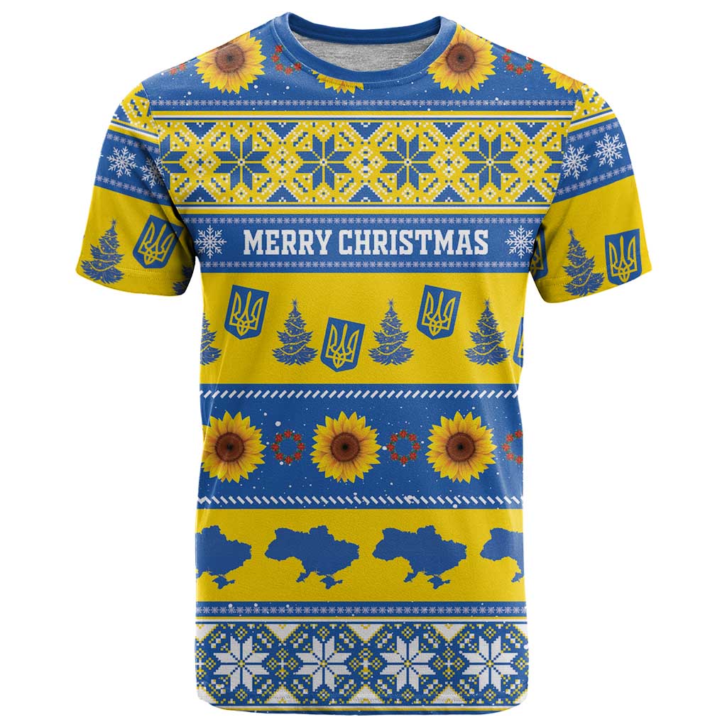 Personalised Ukraine Christmas T-Shirt Tryzub With Map Folk Pattern Graphic Tee