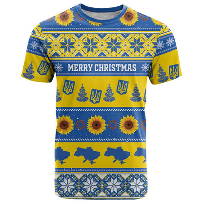 Personalised Ukraine Christmas T-Shirt Tryzub With Map Folk Pattern Graphic Tee