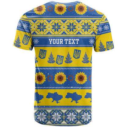 Personalised Ukraine Christmas T-Shirt Tryzub With Map Folk Pattern Graphic Tee