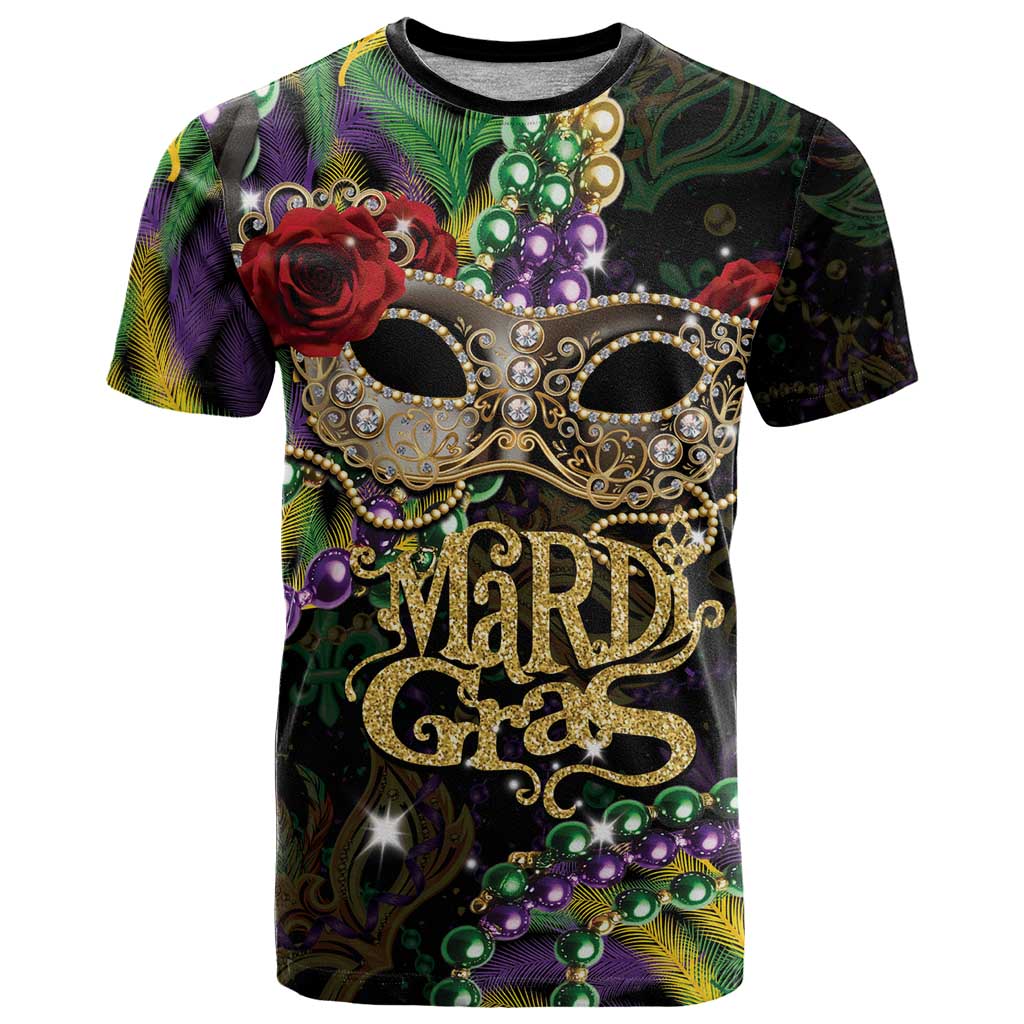 Mardi Gras 2025 T-Shirt Beadeds With Gorgeous Mask Graphic Tee