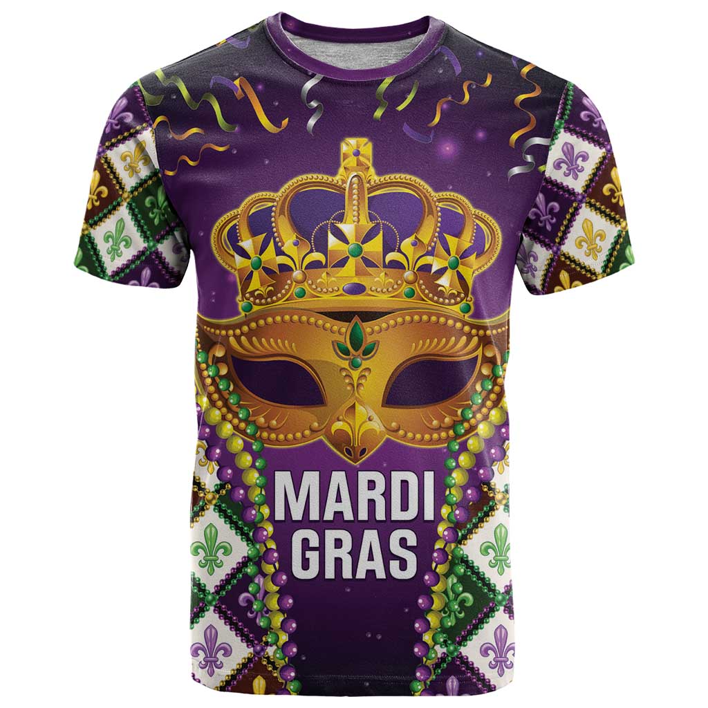 King Mask Mardi Gras T-Shirt Let's Party Beadeds With Fleur De Lis Graphic Tee
