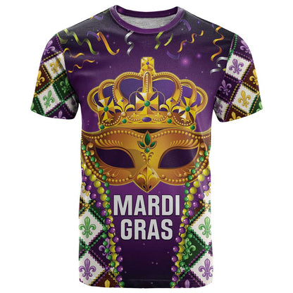 King Mask Mardi Gras T-Shirt Let's Party Beadeds With Fleur De Lis Graphic Tee