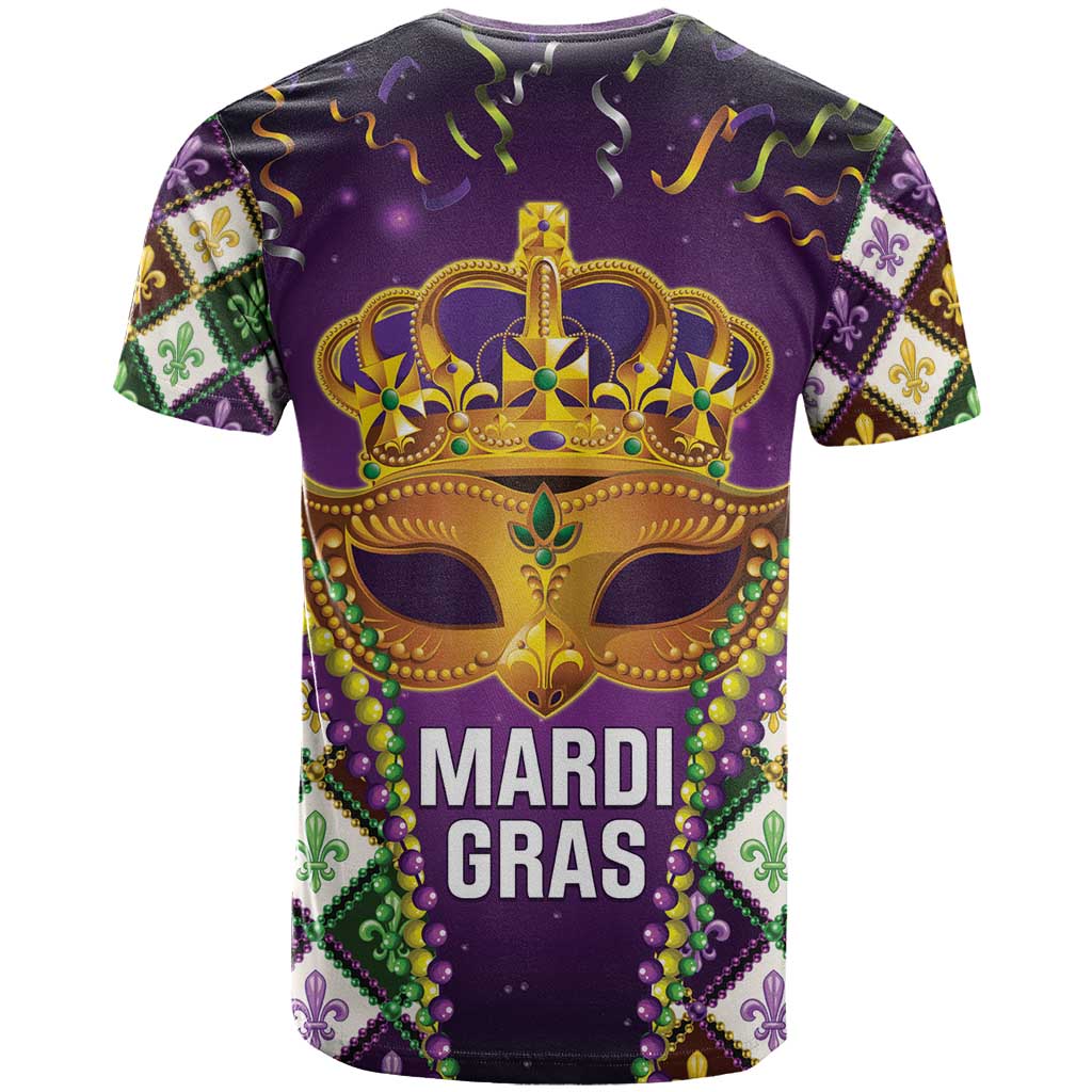 King Mask Mardi Gras T-Shirt Let's Party Beadeds With Fleur De Lis Graphic Tee