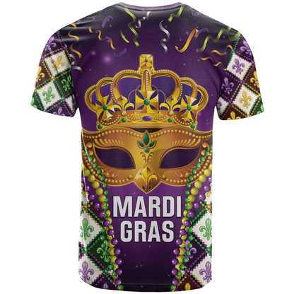 King Mask Mardi Gras T-Shirt Let's Party Beadeds With Fleur De Lis Graphic Tee