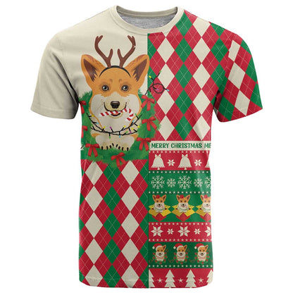 Wales Corgi Christmas T-Shirt Seamless Cute Dog Argyle Pattern Graphic Tee