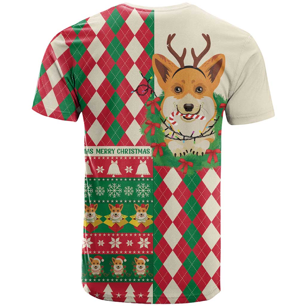 Wales Corgi Christmas T-Shirt Seamless Cute Dog Argyle Pattern Graphic Tee