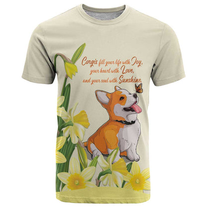 Personalised Wales Corgi and Daffodil T-Shirt Welsh Dog Lovers Graphic Tee