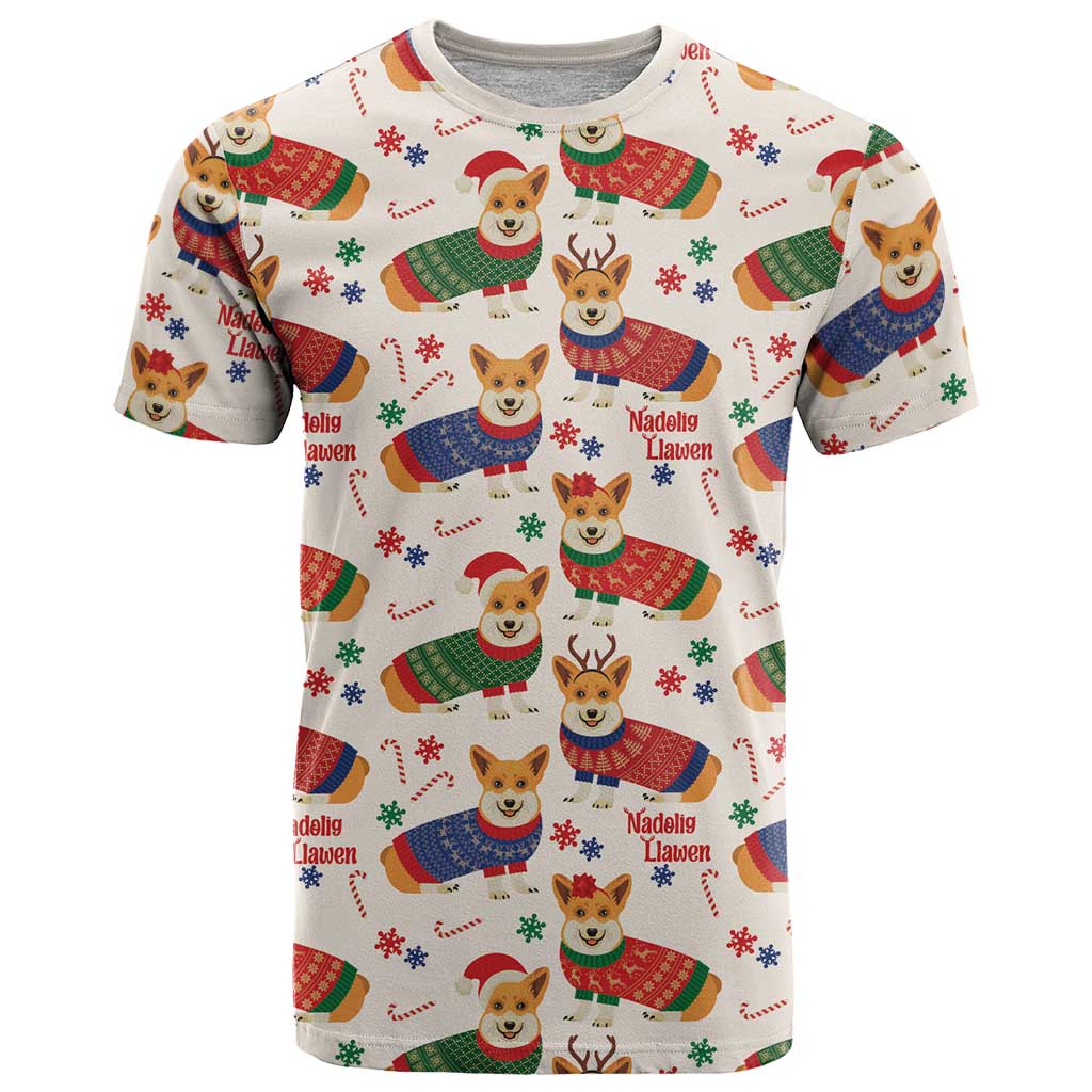 Wales Corgi Christmas T-Shirt Nadolig Llawen Welsh Dog Seamless Vibes Graphic Tee