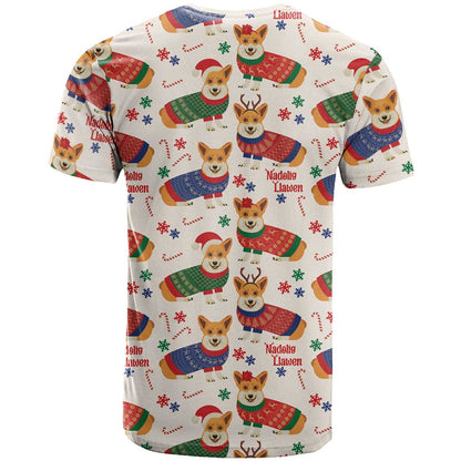 Wales Corgi Christmas T-Shirt Nadolig Llawen Welsh Dog Seamless Vibes Graphic Tee